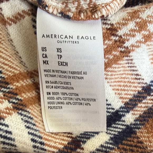Cotton American Eagle Outfitters Hooded Plaid Shirt Jacket - Brown/White - Picture 4 of 6